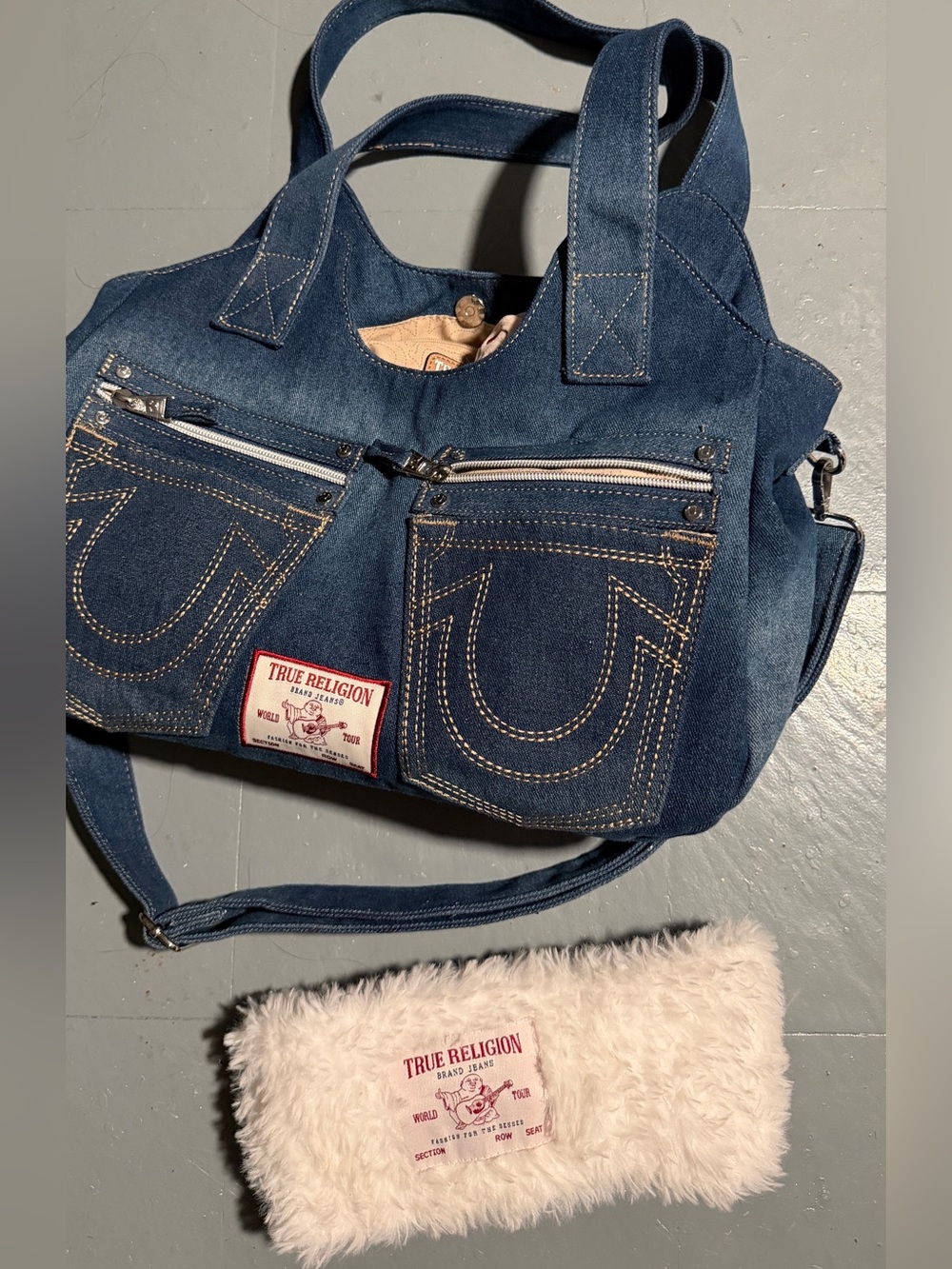 True Religion Denim Shoulder Tote in Dark Blue with Cream Accent Pouch